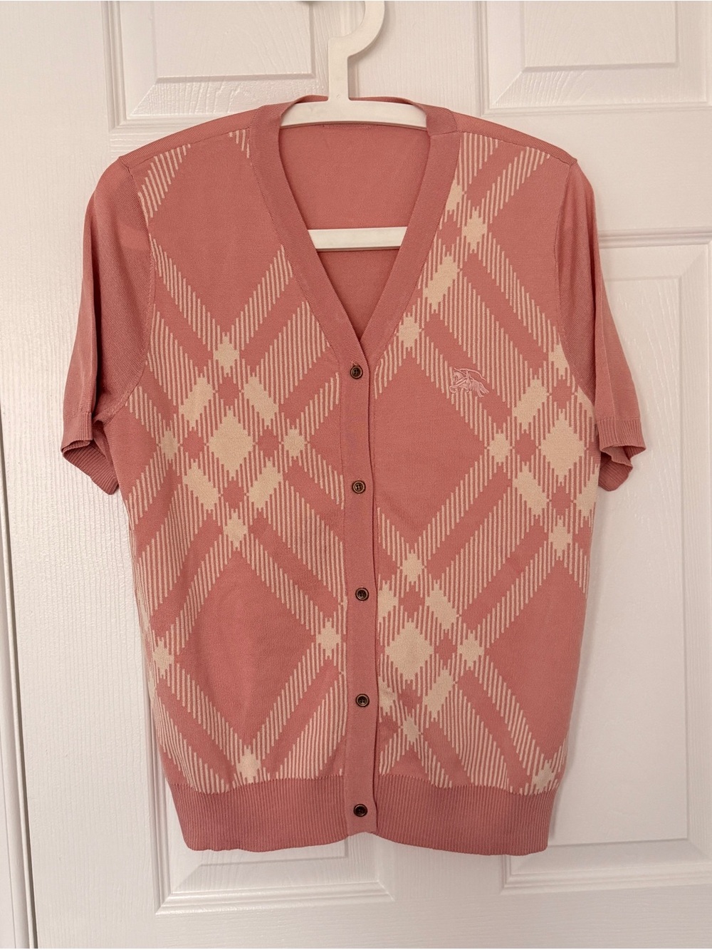 Burberry Silk Pink & Cream Short-Sleeve Argyle Cardigan(OEM)